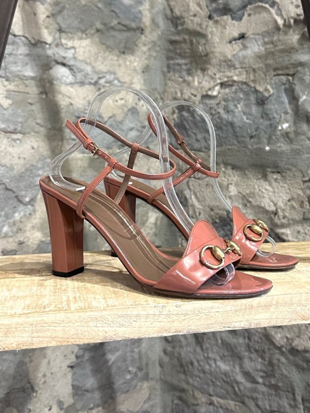 Gucci Tan Patent Leather Horsebit Heeled Sandals